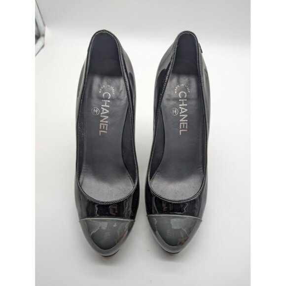 Chanel Patent Leather Platform High Heel Pumps Size US 8 EU 38.5 Black Box Dust - Picture 5 of 16